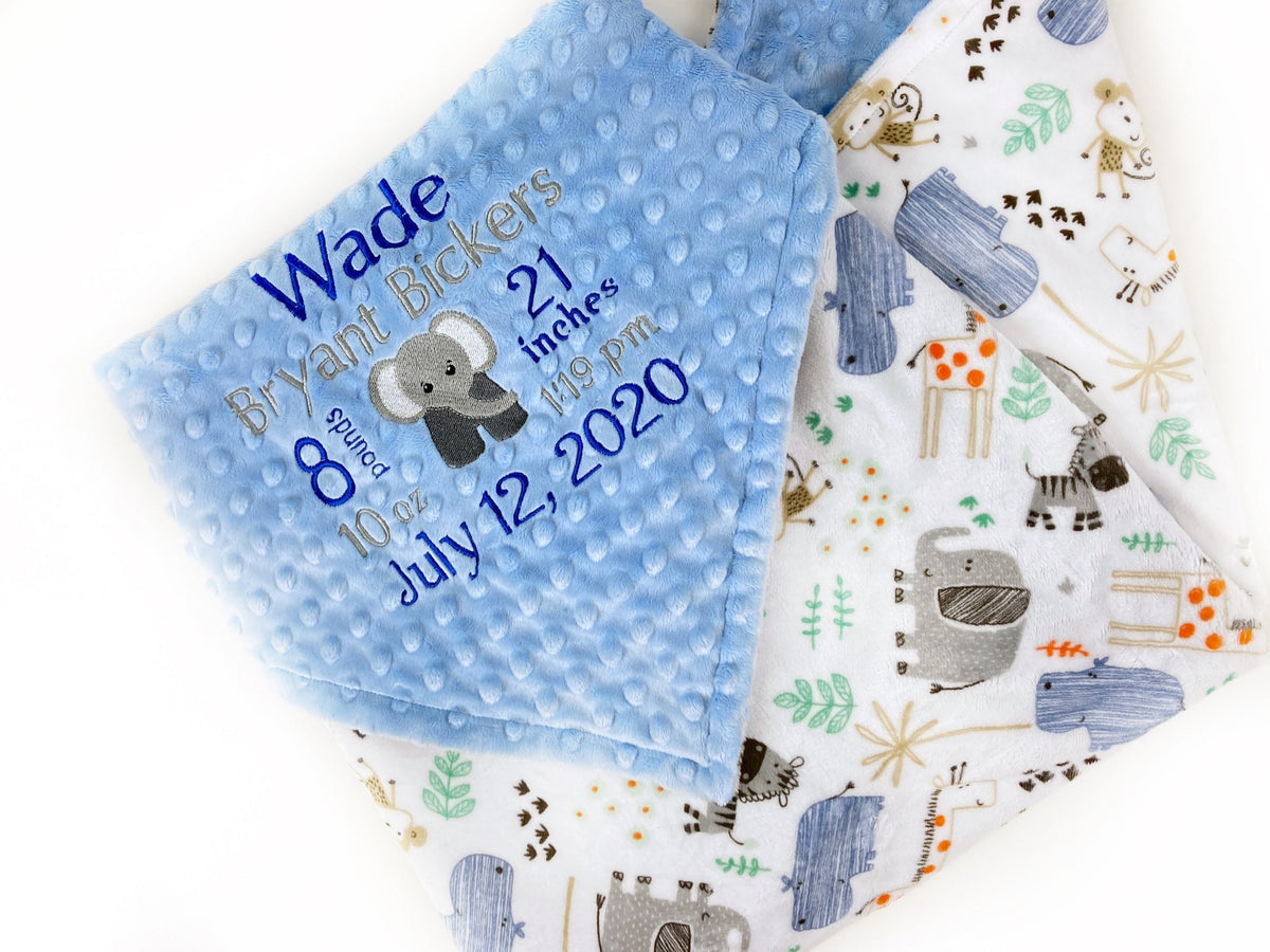 Personalized Minky Baby Blanket, Blue and Gray Zoo Animals, Embroidered Minky with Birth Stats, Baby Boy Gift, Jungle Nursery Theme