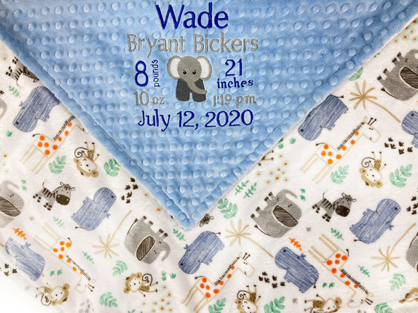 Personalized Minky Baby Blanket, Blue and Gray Zoo Animals, Embroidered Minky with Birth Stats, Baby Boy Gift, Jungle Nursery Theme