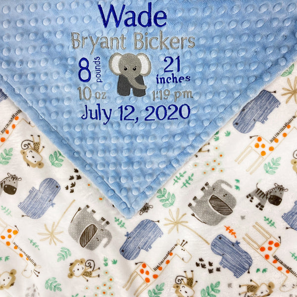 Personalized Minky Baby Blanket, Blue and Gray Zoo Animals, Embroidered Minky with Birth Stats, Baby Boy Gift, Jungle Nursery Theme