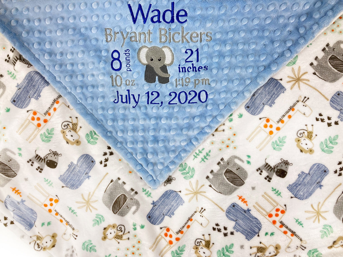 Personalized Minky Baby Blanket, Blue and Gray Zoo Animals, Embroidered Minky with Birth Stats, Baby Boy Gift, Jungle Nursery Theme