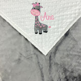 Personalized Baby Blanket in White and Gray Minky with a Giraffe Applique a Plush Keepsake Gift