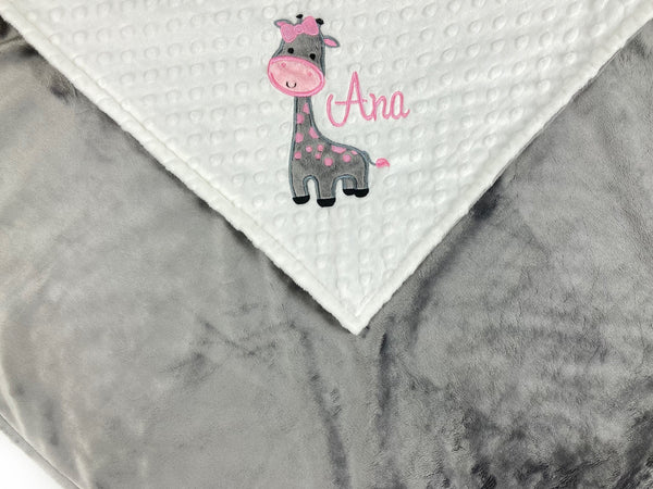Personalized Baby Blanket in White and Gray Minky with a Giraffe Applique a Plush Keepsake Gift