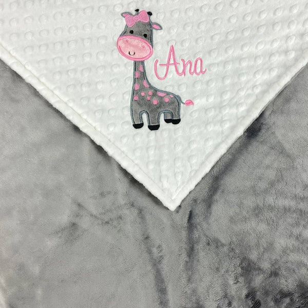 Personalized Baby Blanket in White and Gray Minky with a Giraffe Applique a Plush Keepsake Gift