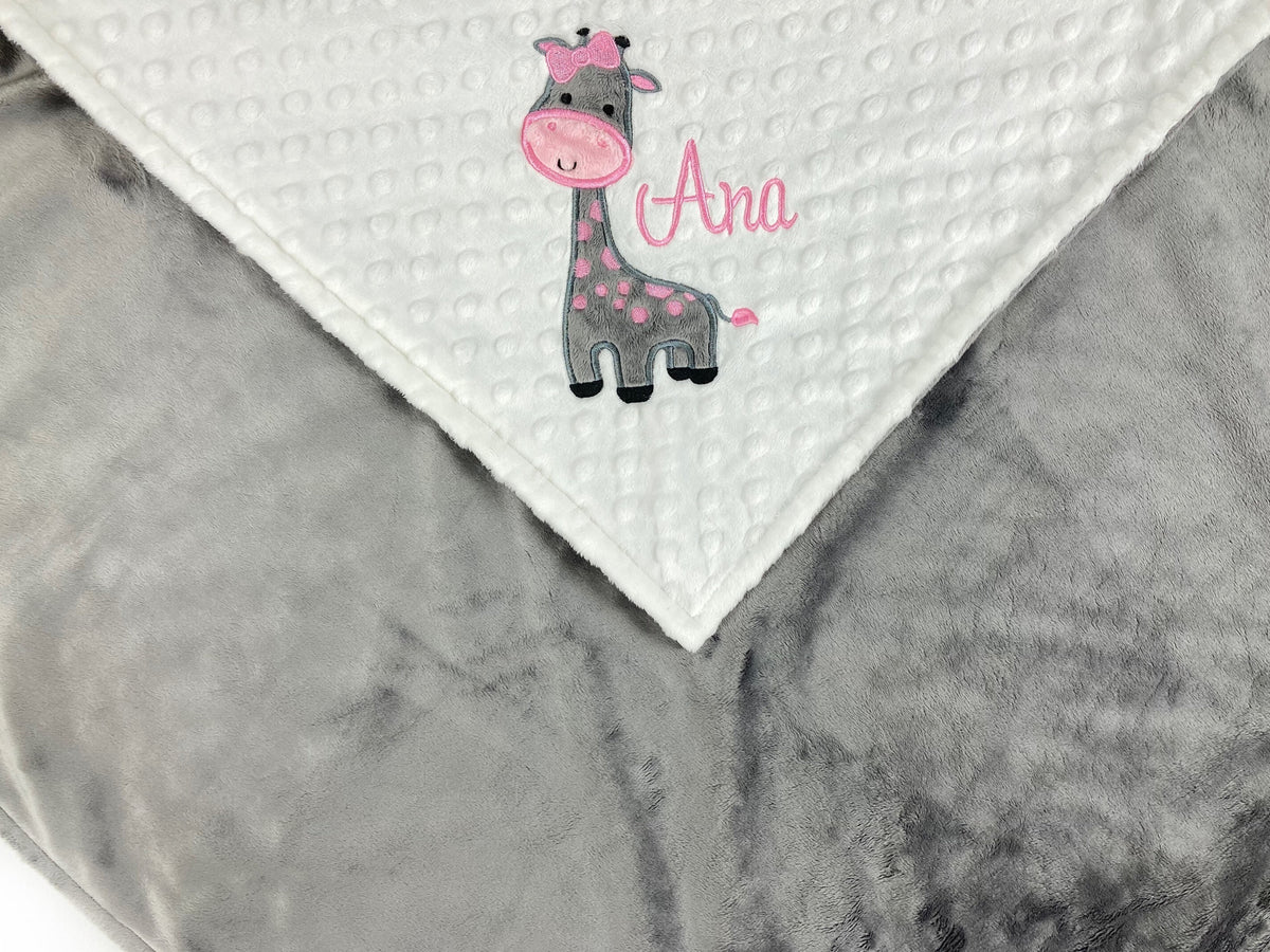 Personalized Baby Blanket in White and Gray Minky with a Giraffe Applique a Plush Keepsake Gift