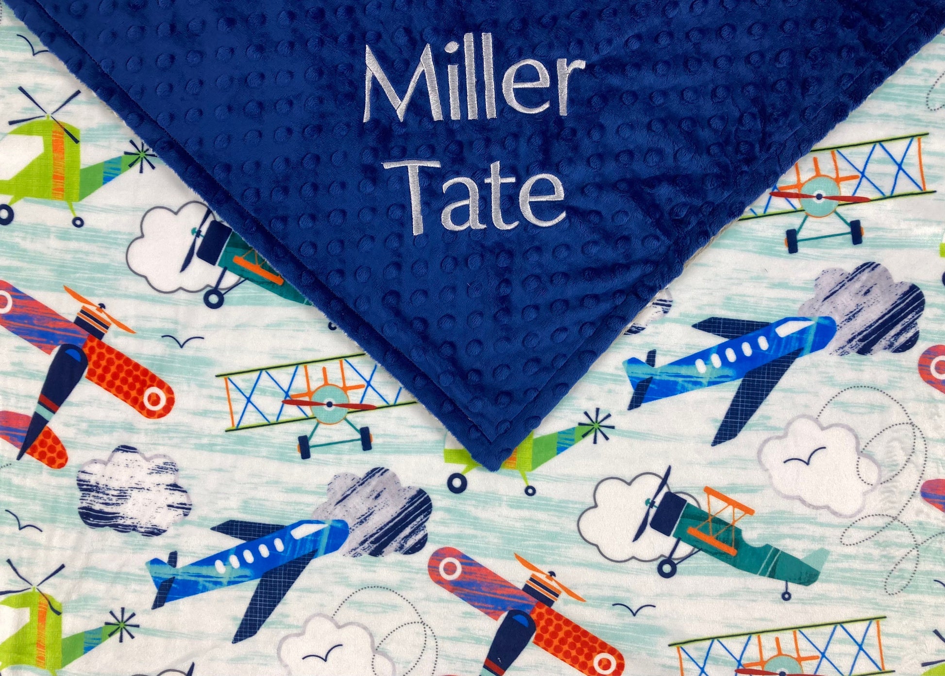 Personalized Minky Blanket, Blue Airplane, Blanket for Baby or Toddler, Airplane Blanket, Embroidered Name or Birth Stats, Keepsake Gift