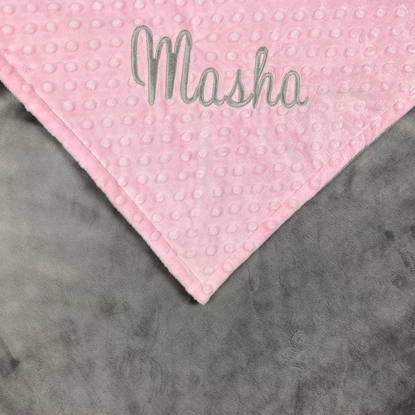 Baby Minky Blanket, Embroidered Name, Pink and Gray, Personalized Gift for Baby, Birth Stats Blanket, Keepsake Gift for Baby Girl
