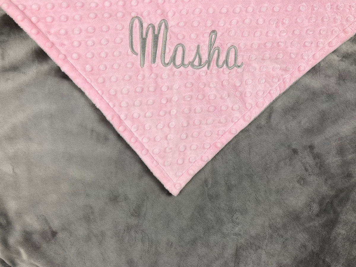Baby Minky Blanket, Embroidered Name, Pink and Gray, Personalized Gift for Baby, Birth Stats Blanket, Keepsake Gift for Baby Girl