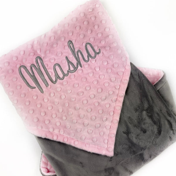 Baby Minky Blanket, Embroidered Name, Pink and Gray, Personalized Gift for Baby, Birth Stats Blanket, Keepsake Gift for Baby Girl