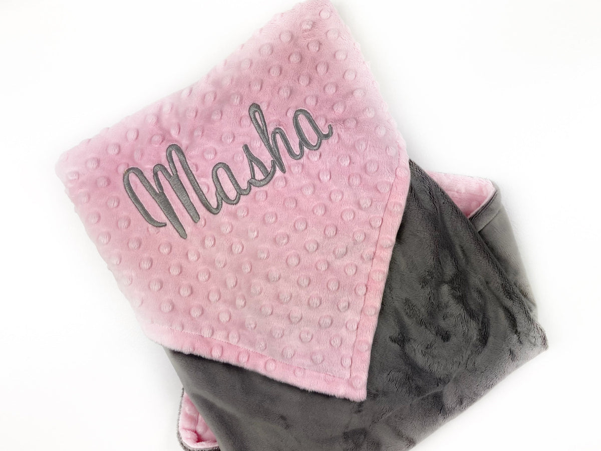 Baby Minky Blanket, Embroidered Name, Pink and Gray, Personalized Gift for Baby, Birth Stats Blanket, Keepsake Gift for Baby Girl