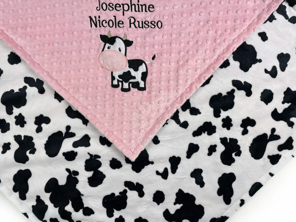 Personalized Baby Blanket, Blush Pink Minky, Black White Cow Print Minky, Name Blanket, Gift for Baby Shower, Blanket for Birthday Girl