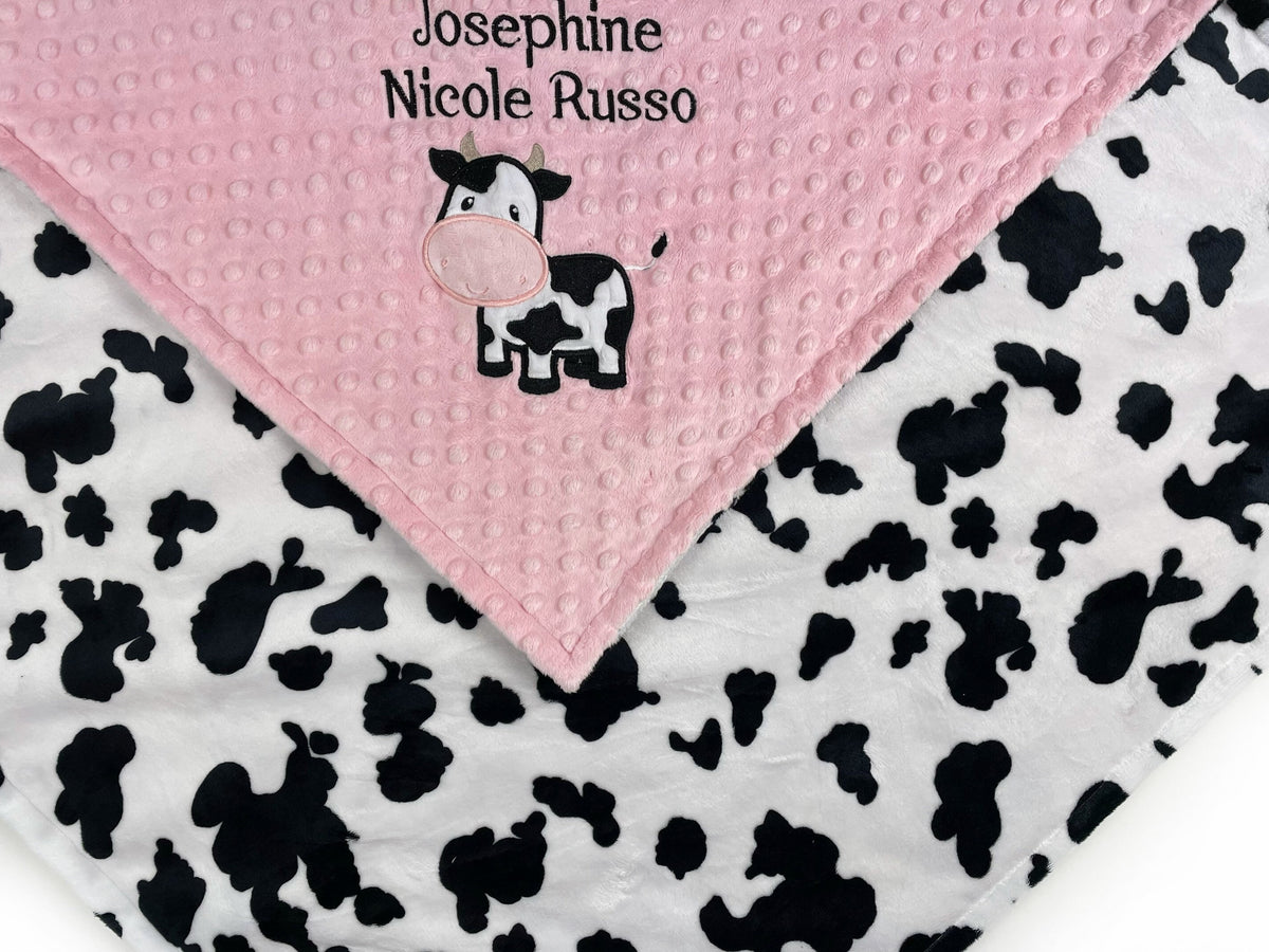 Personalized Baby Blanket, Blush Pink Minky, Black White Cow Print Minky, Name Blanket, Gift for Baby Shower, Blanket for Birthday Girl