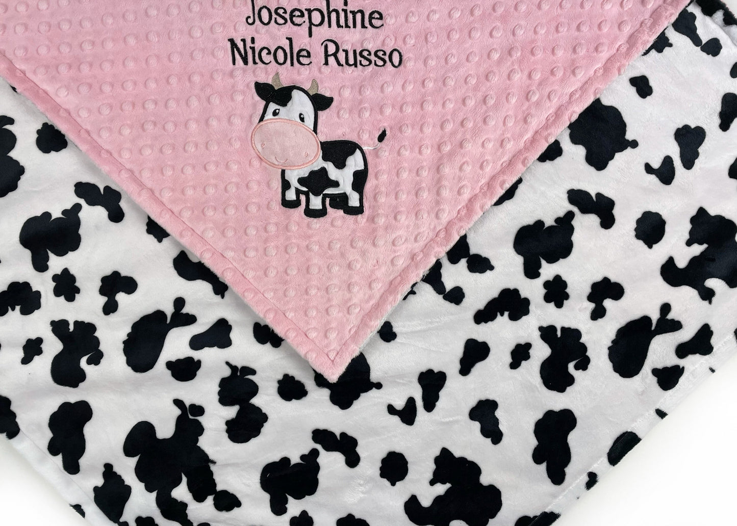 Personalized Baby Blanket, Blush Pink Minky, Black White Cow Print Minky, Name Blanket, Gift for Baby Shower, Blanket for Birthday Girl