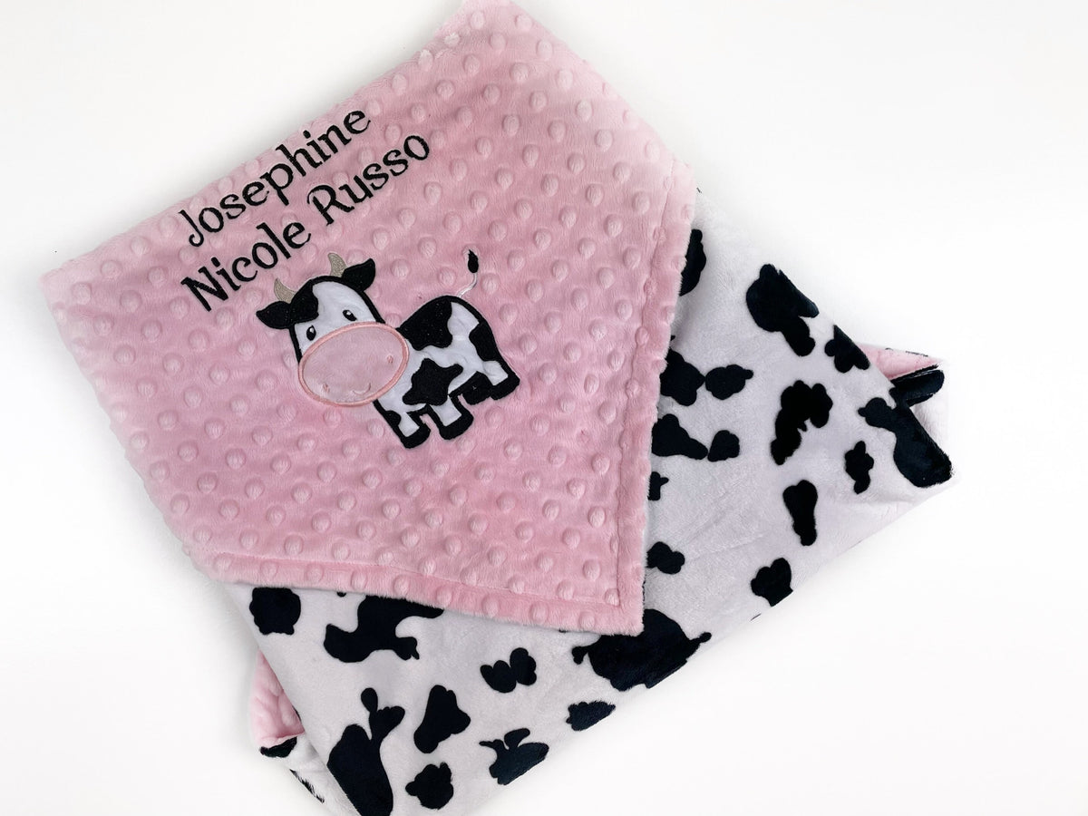 Personalized Baby Blanket, Blush Pink Minky, Black White Cow Print Minky, Name Blanket, Gift for Baby Shower, Blanket for Birthday Girl