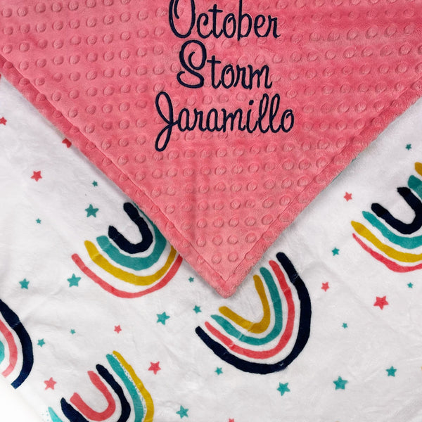 Personalized Baby Blanket, White and Coral Minky, Rainbow Blanket, Keepsake Gift, Personalized Baby Gift, Embroidered Name, Baby Shower Gift