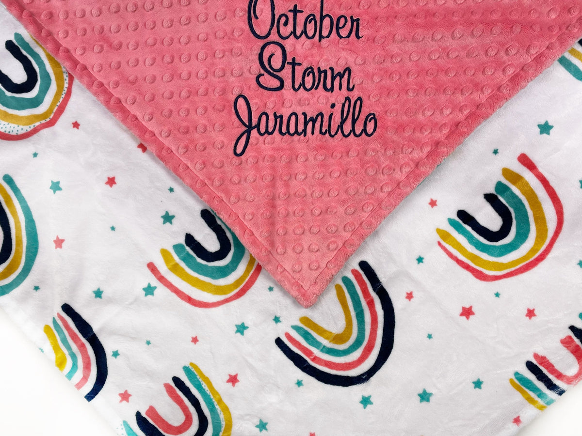 Personalized Baby Blanket, White and Coral Minky, Rainbow Blanket, Keepsake Gift, Personalized Baby Gift, Embroidered Name, Baby Shower Gift