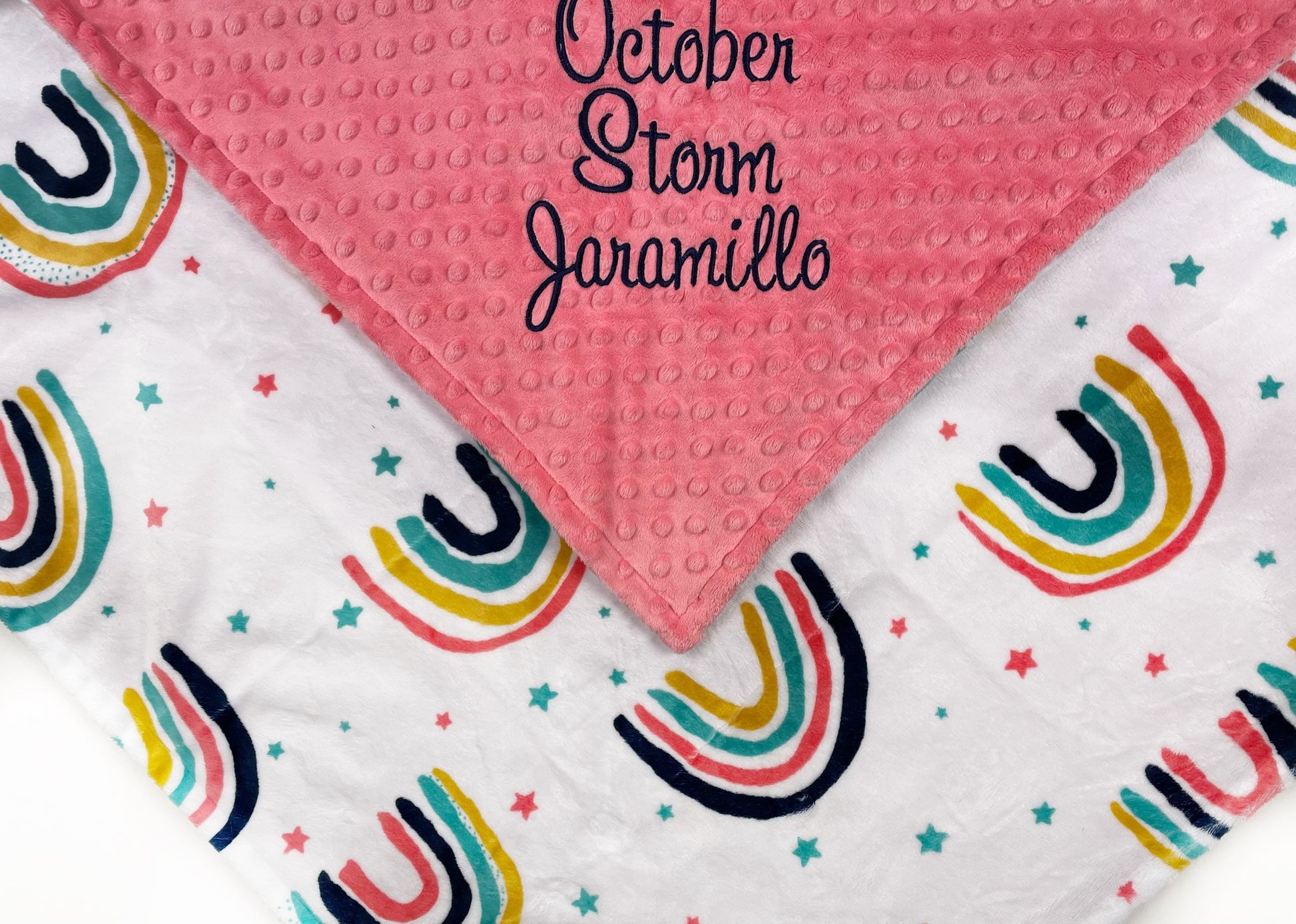 Personalized Baby Blanket, White and Coral Minky, Rainbow Blanket, Keepsake Gift, Personalized Baby Gift, Embroidered Name, Baby Shower Gift