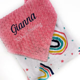 Personalized Baby Blanket, White and Coral Minky, Rainbow Blanket, Keepsake Gift, Personalized Baby Gift, Embroidered Name, Baby Shower Gift