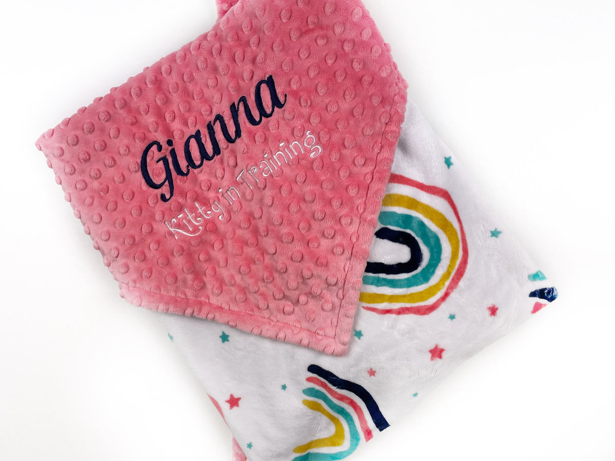 Personalized Baby Blanket, White and Coral Minky, Rainbow Blanket, Keepsake Gift, Personalized Baby Gift, Embroidered Name, Baby Shower Gift