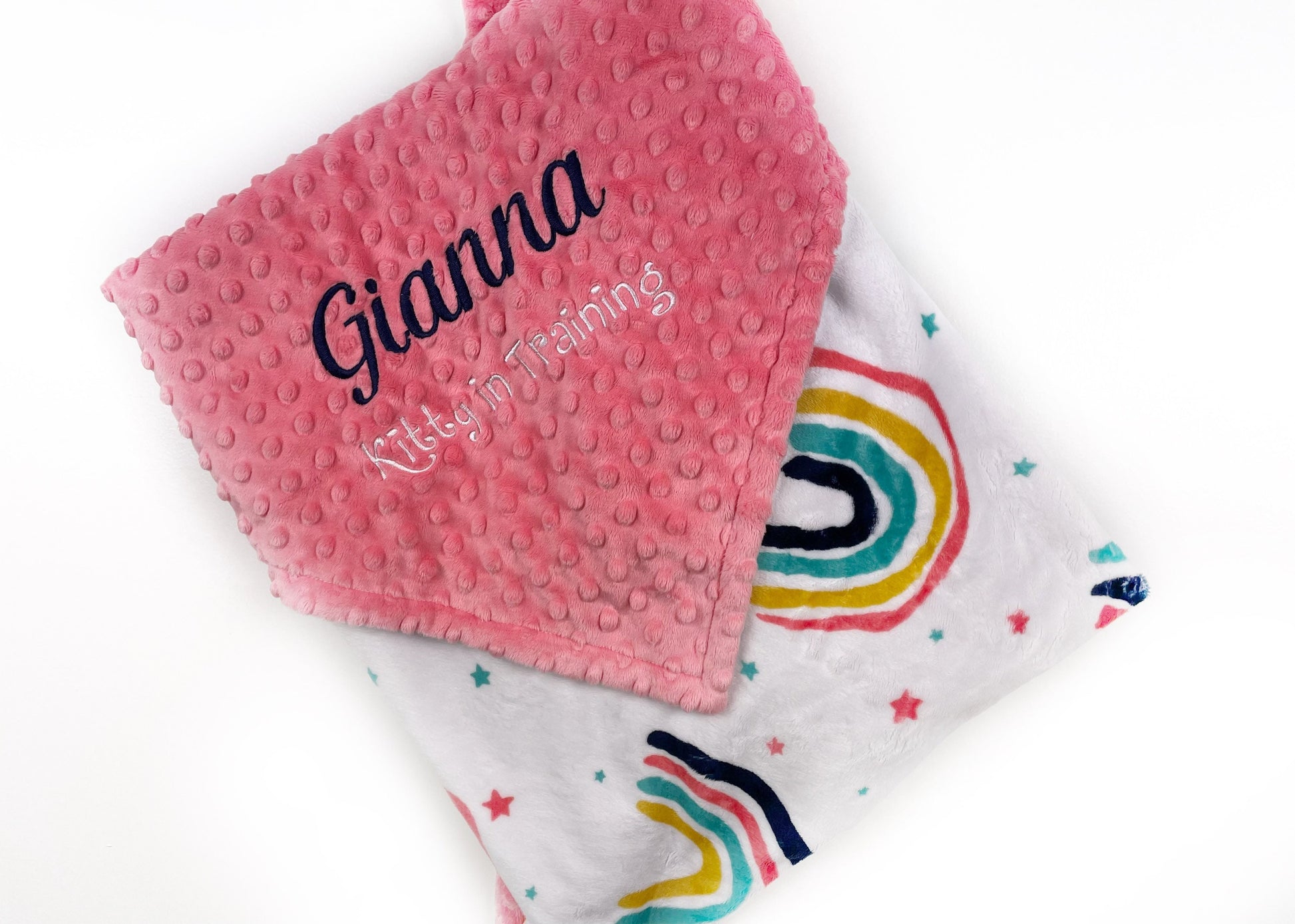 Personalized Baby Blanket, White and Coral Minky, Rainbow Blanket, Keepsake Gift, Personalized Baby Gift, Embroidered Name, Baby Shower Gift
