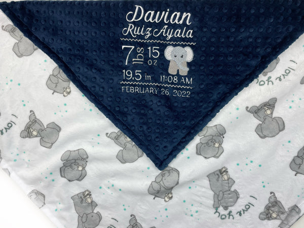 Personalized Minky Baby Blanket in Navy Blue and White with Elephants Embroidered Birth Stats