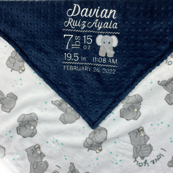 Personalized Minky Baby Blanket in Navy Blue and White with Elephants Embroidered Birth Stats