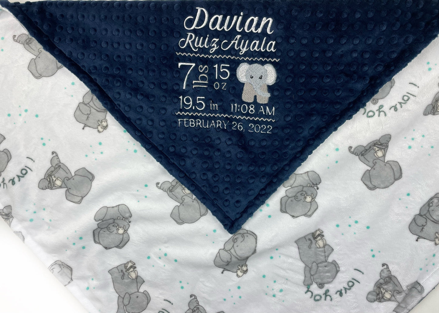 Personalized Minky Baby Blanket in Navy Blue and White with Elephants Embroidered Birth Stats