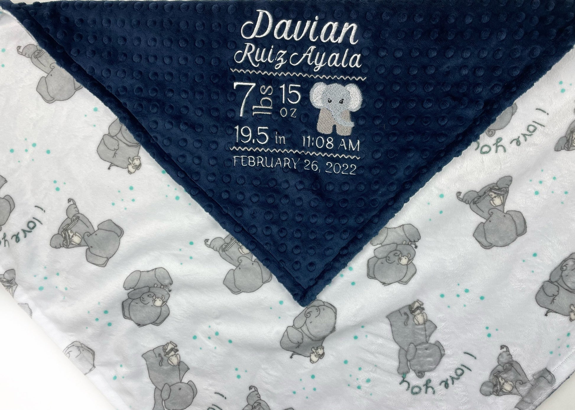 Personalized Minky Baby Blanket in Navy Blue and White with Elephants Embroidered Birth Stats