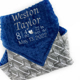 Personalized Baby Blanket, Blue and Grey Minky, Embroidered Name or Birth Stats, Keepsake Baby Gift, Blue Minky Blanket, Newborn Baby Gift