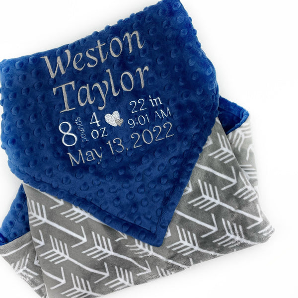 Personalized Baby Blanket, Blue and Grey Minky, Embroidered Name or Birth Stats, Keepsake Baby Gift, Blue Minky Blanket, Newborn Baby Gift