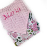 Personalized Baby Blanket, Pink Flower Minky, Plush Newborn Girl Blanket, Floral Keepsake Gift, Custom Baby Blanket, Baby Shower Gift