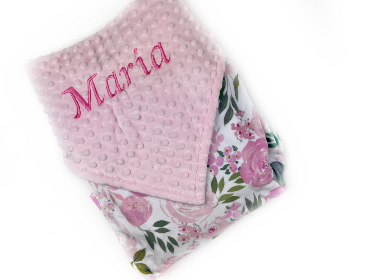 Personalized Baby Blanket, Pink Flower Minky, Plush Newborn Girl Blanket, Floral Keepsake Gift, Custom Baby Blanket, Baby Shower Gift