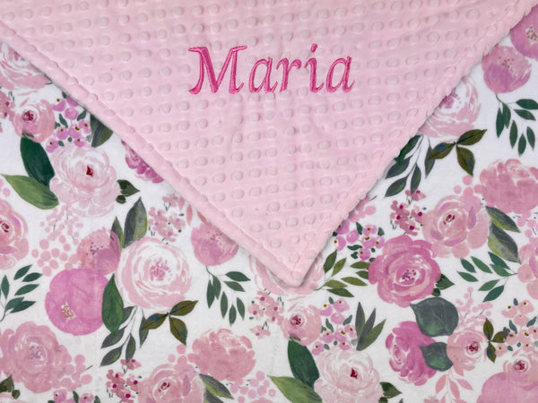 Personalized Baby Blanket, Pink Flower Minky, Plush Newborn Girl Blanket, Floral Keepsake Gift, Custom Baby Blanket, Baby Shower Gift
