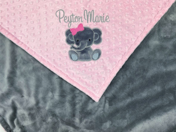Pink Baby Blanket, Personalized Blanket, Plush Minky Blanket, Pink Gray Minky, Elephant Blanket