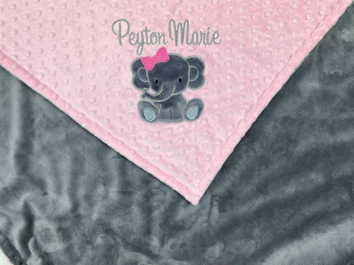 Pink Baby Blanket, Personalized Blanket, Plush Minky Blanket, Pink Gray Minky, Elephant Blanket