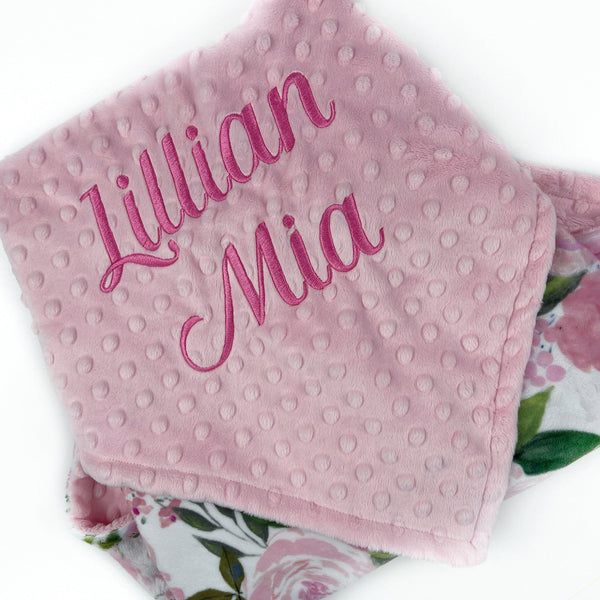 Personalized Baby Blanket, Pink Flower Minky, Plush Newborn Girl Blanket, Floral Keepsake Gift, Custom Baby Blanket, Baby Shower Gift