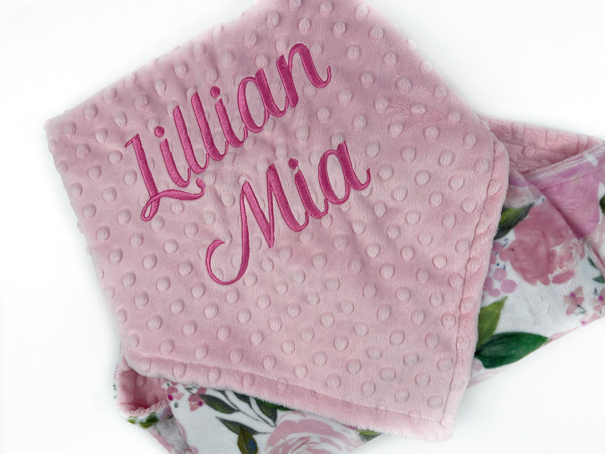 Personalized Baby Blanket, Pink Flower Minky, Plush Newborn Girl Blanket, Floral Keepsake Gift, Custom Baby Blanket, Baby Shower Gift