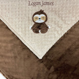 Sloth Baby Blanket, Brown and Tan Minky Blanket, Plush Dimple Dot Minky, Personalized Gift for Boy, Sloth Applique, Baby Shower Gift