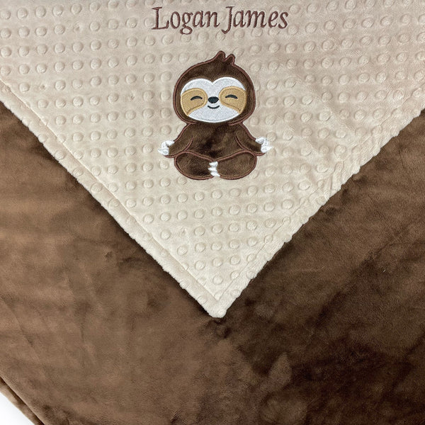 Sloth Baby Blanket, Brown and Tan Minky Blanket, Plush Dimple Dot Minky, Personalized Gift for Boy, Sloth Applique, Baby Shower Gift
