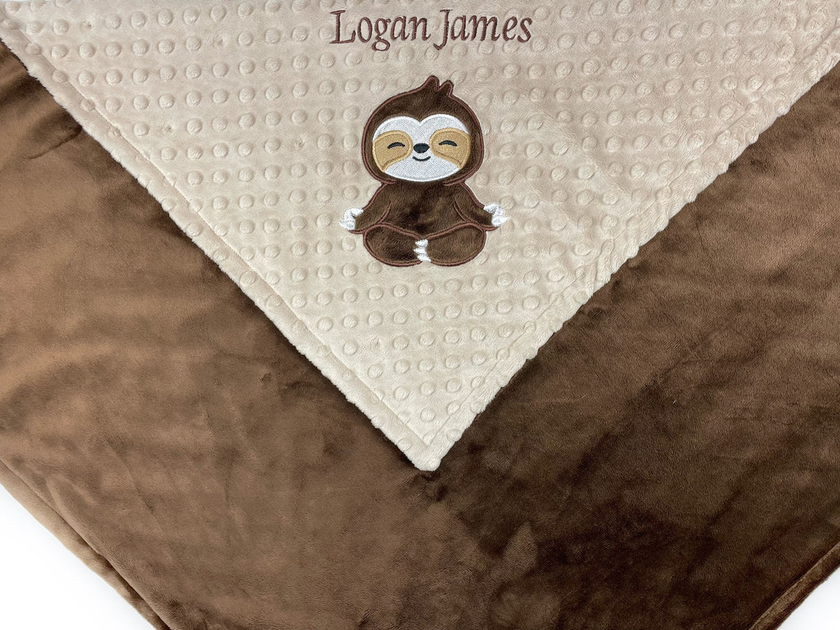 Sloth Baby Blanket, Brown and Tan Minky Blanket, Plush Dimple Dot Minky, Personalized Gift for Boy, Sloth Applique, Baby Shower Gift