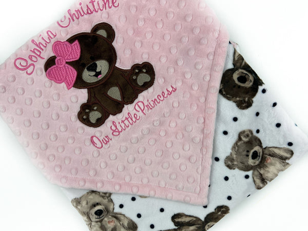 Baby Blanket with Teddy Bear in Pink and Brown and Personalized with Name, a Keepsake Gift