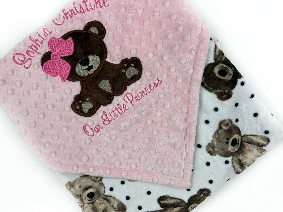 Baby Blanket with Teddy Bear in Pink and Brown and Personalized with Name, a Keepsake Gift