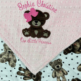 Baby Blanket with Teddy Bear in Pink and Brown and Personalized with Name, a Keepsake Gift