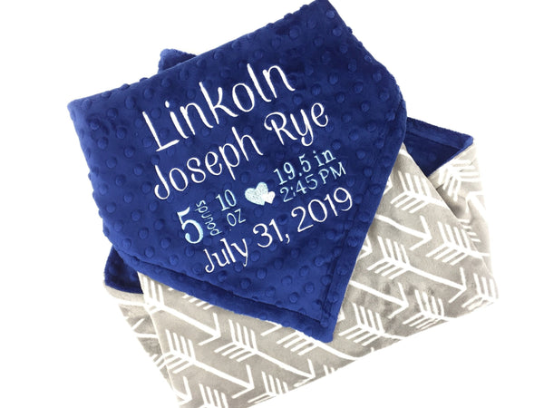 Personalized Baby Blanket, Blue and Grey Minky, Embroidered Name or Birth Stats, Keepsake Baby Gift, Blue Minky Blanket, Newborn Baby Gift