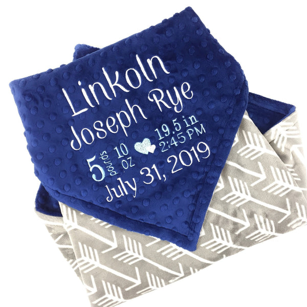 Personalized Baby Blanket, Blue and Grey Minky, Embroidered Name or Birth Stats, Keepsake Baby Gift, Blue Minky Blanket, Newborn Baby Gift