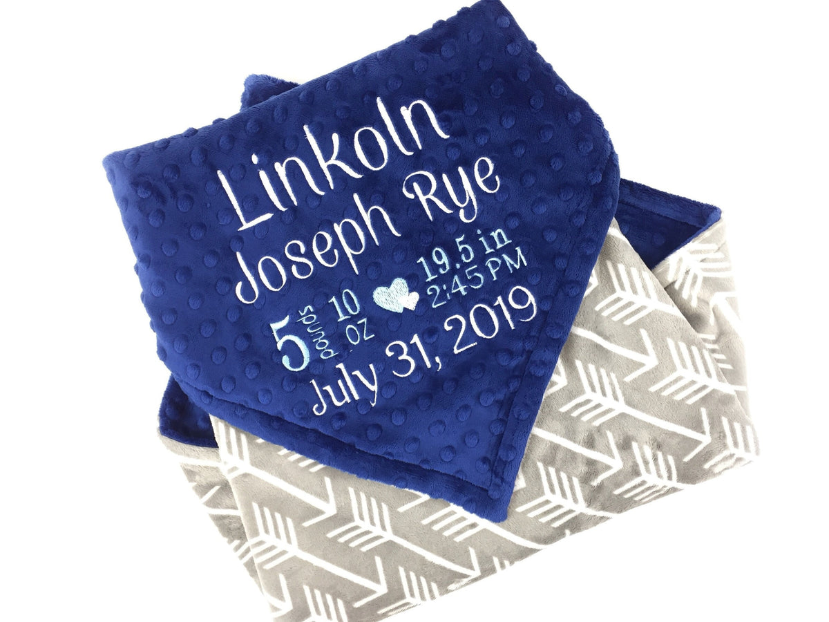 Personalized Baby Blanket, Blue and Grey Minky, Embroidered Name or Birth Stats, Keepsake Baby Gift, Blue Minky Blanket, Newborn Baby Gift