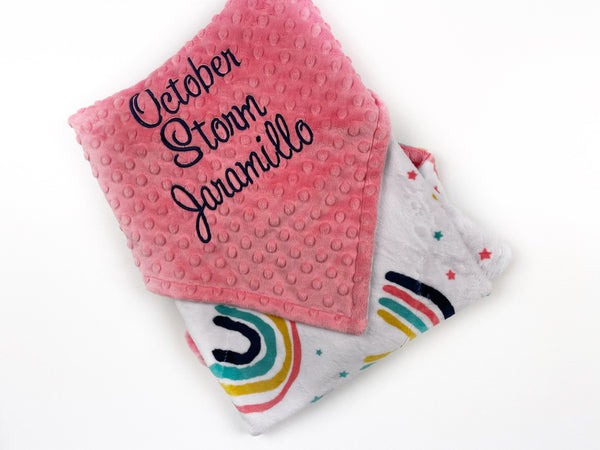 Personalized Baby Blanket, White and Coral Minky, Rainbow Blanket, Keepsake Gift, Personalized Baby Gift, Embroidered Name, Baby Shower Gift