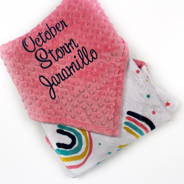 Personalized Baby Blanket, White and Coral Minky, Rainbow Blanket, Keepsake Gift, Personalized Baby Gift, Embroidered Name, Baby Shower Gift
