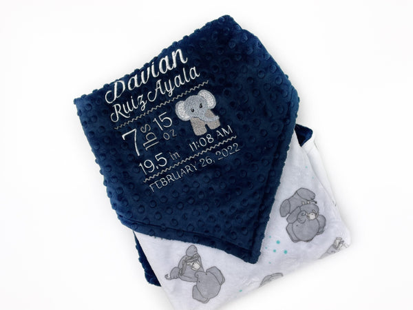 Personalized Minky Baby Blanket in Navy Blue and White with Elephants Embroidered Birth Stats