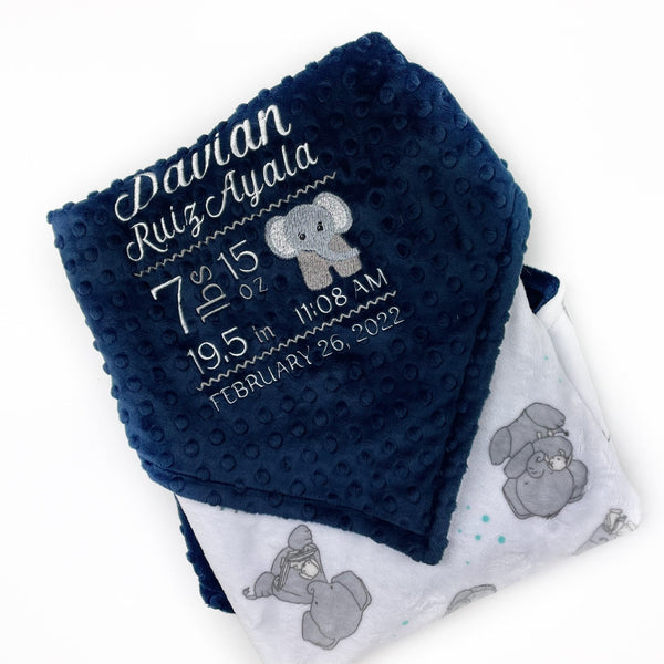 Personalized Minky Baby Blanket in Navy Blue and White with Elephants Embroidered Birth Stats