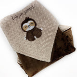 Sloth Baby Blanket, Brown and Tan Minky Blanket, Plush Dimple Dot Minky, Personalized Gift for Boy, Sloth Applique, Baby Shower Gift